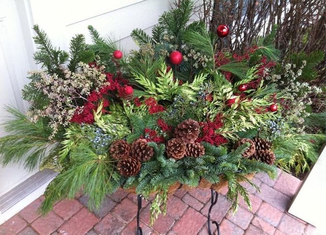 winter planter, holiday p[lanter, fresh cut greens, porch pot